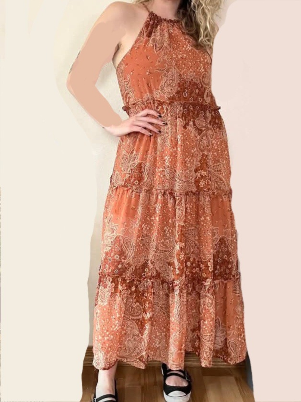 Paisley Tiered Halter Maxi Dress Rust Orange Size Large
